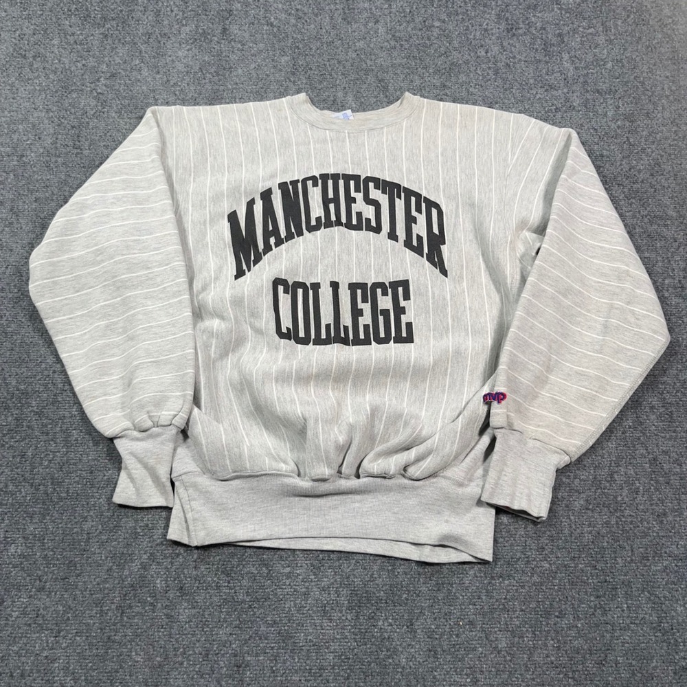 VTG MVP Pro‎ Weave Manchester College Sweatshirt Mens L Pinstripe Grey USA Made